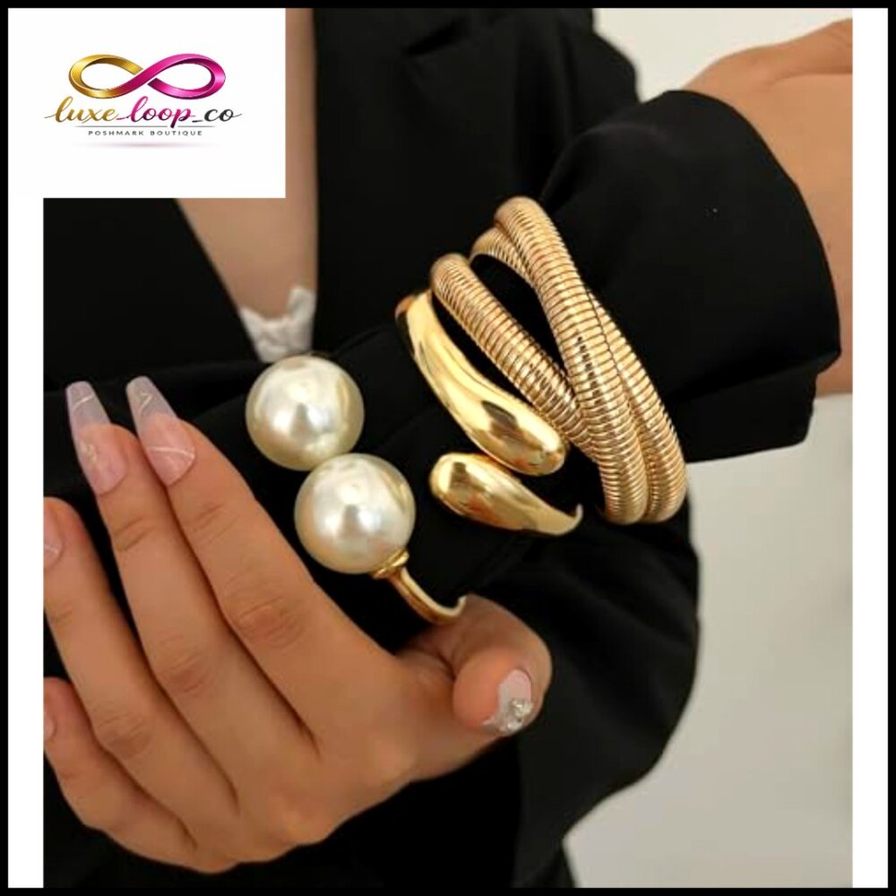 Chunky Gold Bangle Bracelets Stackable Pearl Stre… - image 4